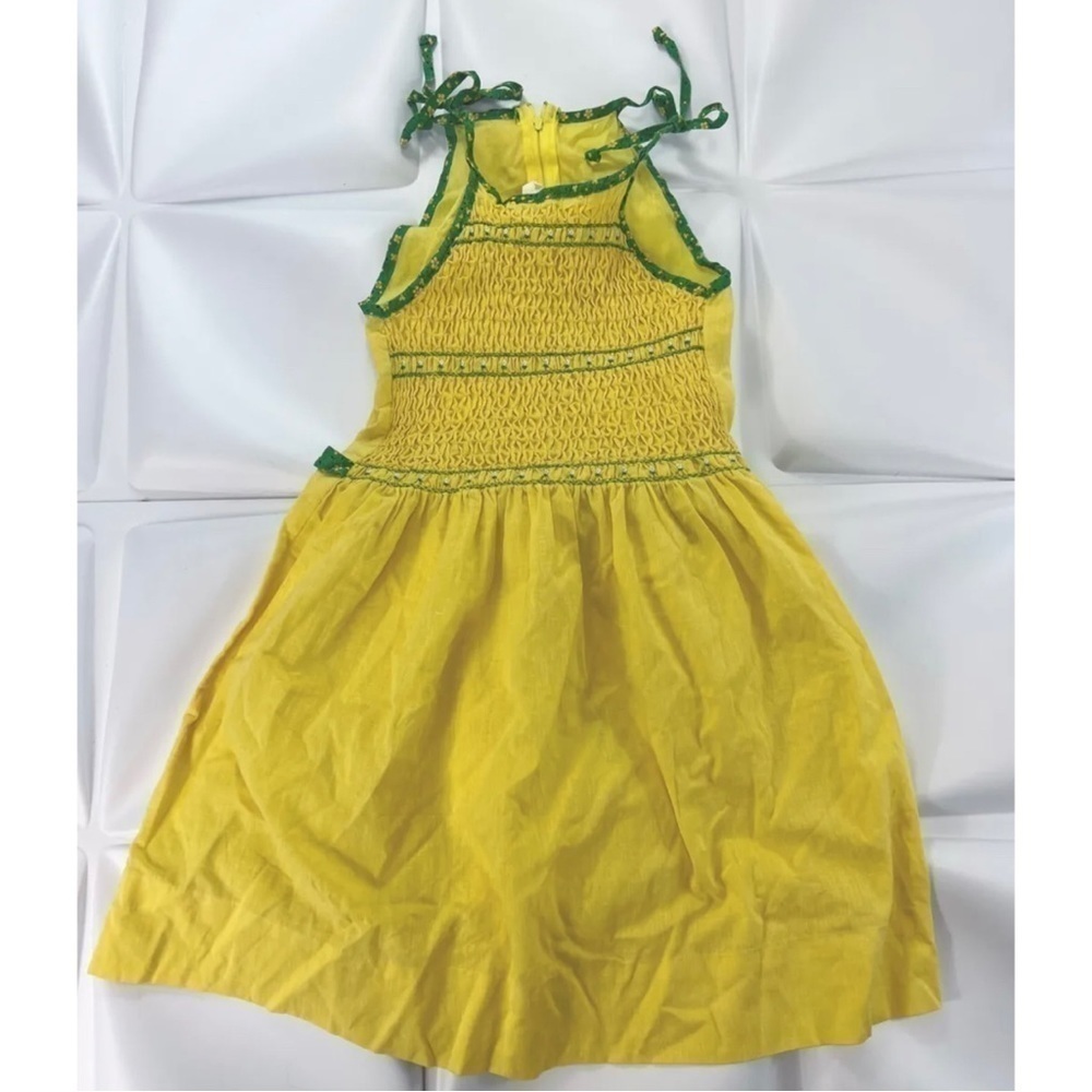 Vintage Polly Flinders Sz 10 Hand Smocked Yellow Sleeveless Dress Tie Shoulder